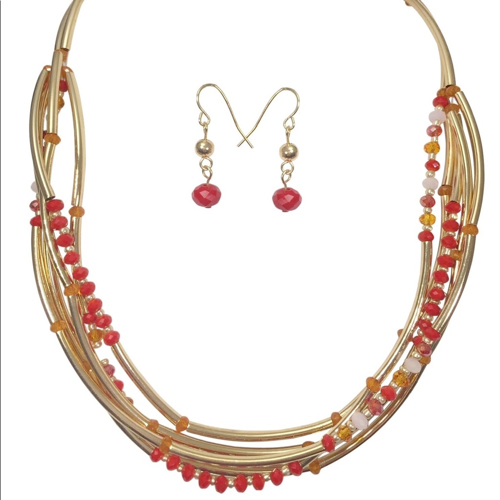 🔴 CLEARANCE Orange Red Glass Bead Tube Gold Necklace Earrings Set